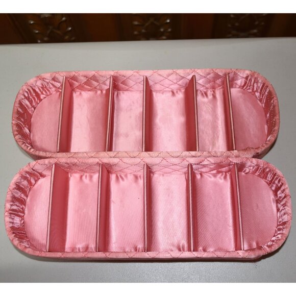SOLD • Vtg Pair (2) Pink Quilted Satin Divided Vanity Boxes 13" MCM Jewelry - Picture 3 of 11